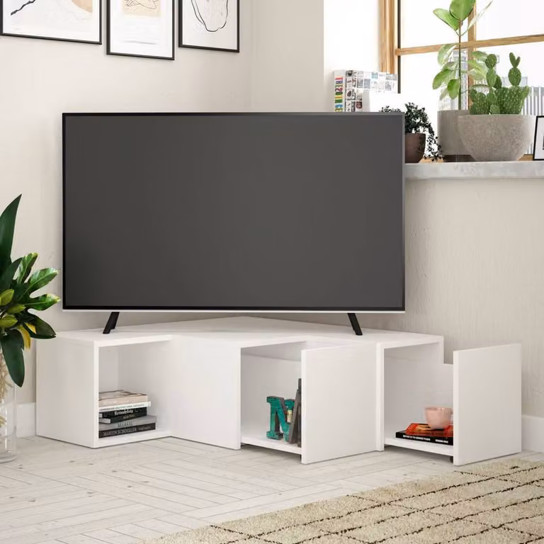 CALICOSY Corner TV Unit with 2 Drawers and 1 Shelf in White