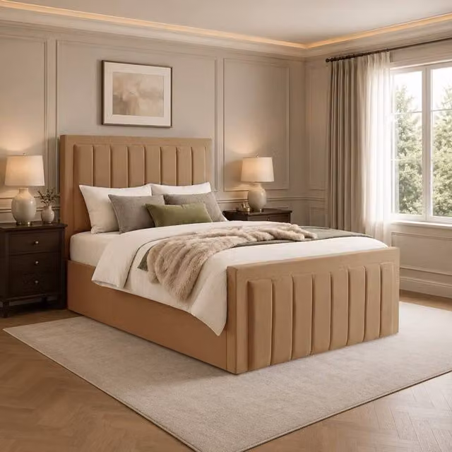 Desire Deco Lucia Ottoman Storage Bed Frame in Beige Plush Velvet, Small Double (120 x 200 cm)