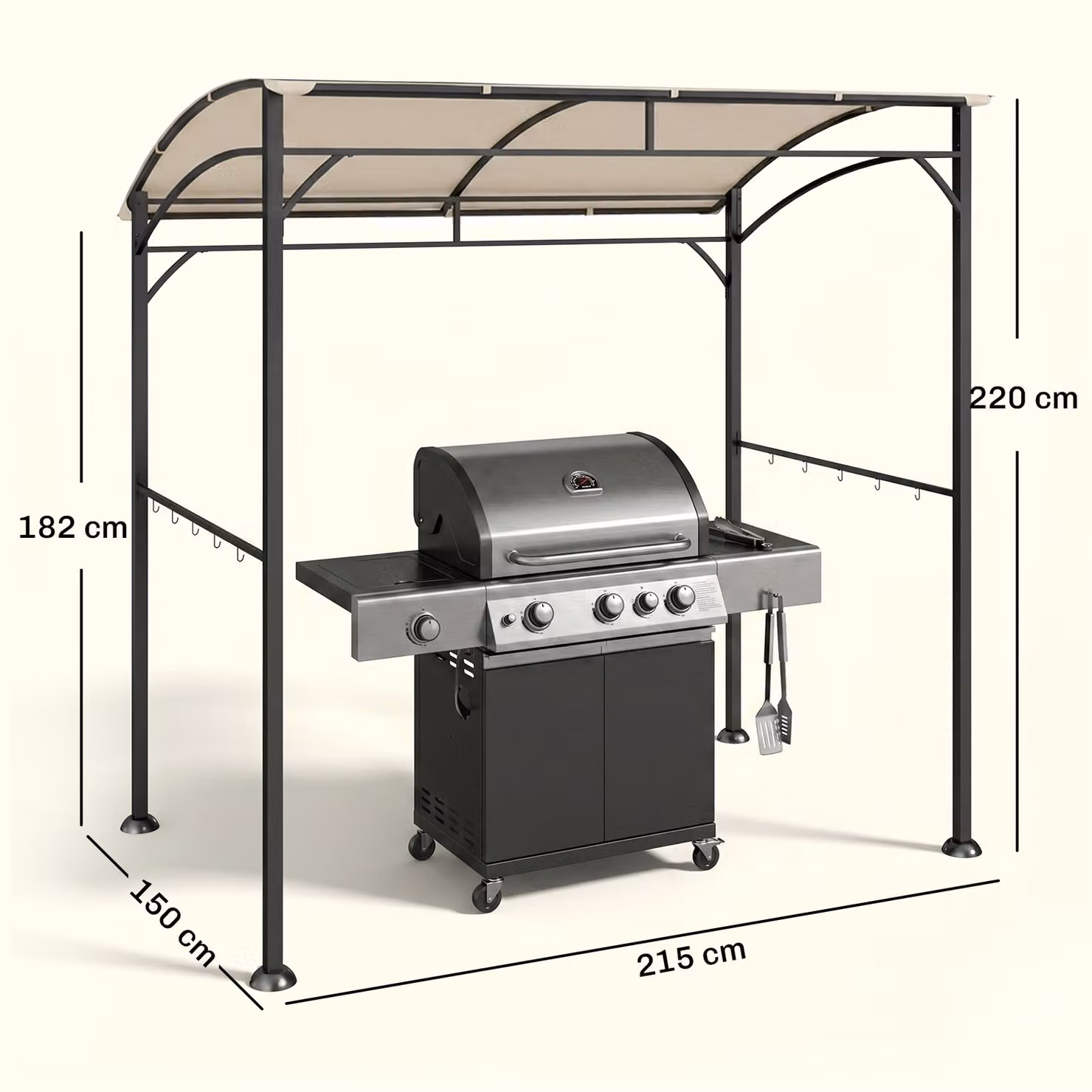 Outsunny BBQ Grill Gazebo Tent with Curved Canopy and Metal Frame, Beige, W: 220 cm, D: 150 cm, H: 215 cm – 3