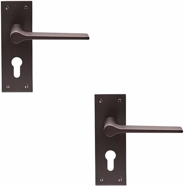 Loops 2x Pair Flat Straight Handle on Slim Euro Lock Backplate, Matt Bronze, W: 150 mm, H: 50 mm – 1
