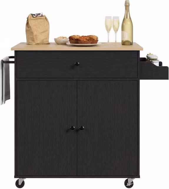 HOMCOM Black Kitchen Island with Drop Leaf and Rolling Storage Trolley – 1