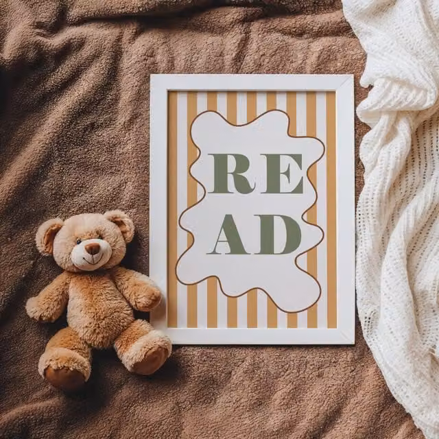 Autumns Corner Read Print Stripy Edition Typography Poster in Olive and Mustard, A3 – 1