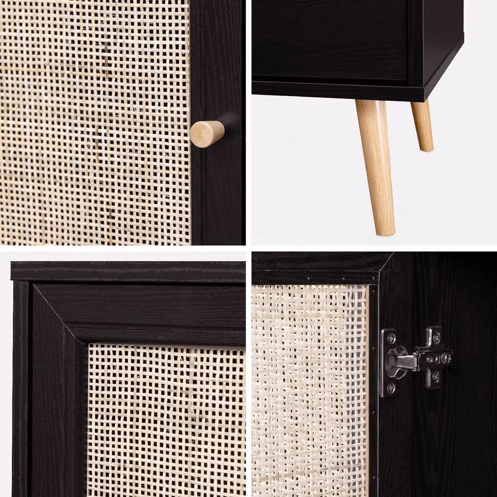 sweeek Scandi-style Storage Cabinet with Wood and Cane Rattan in Black, Width: 80 cm – 4