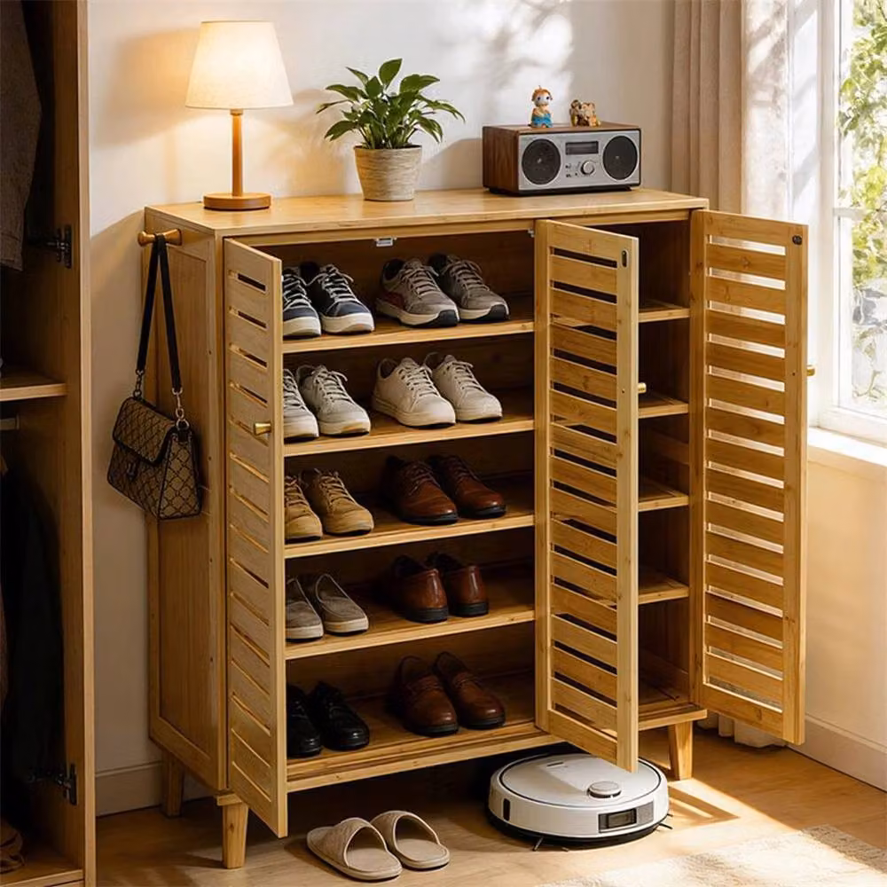 KORVIXA 3-Door Wooden Shoe Storage Cabinet in Natural Sand, W/D/H: 100 x 100 x 100 cm – 4