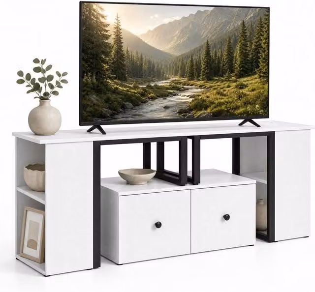 COSTWAY Modern White Wood Lowboard TV Stand with Large Drawers and Open Side Compartments