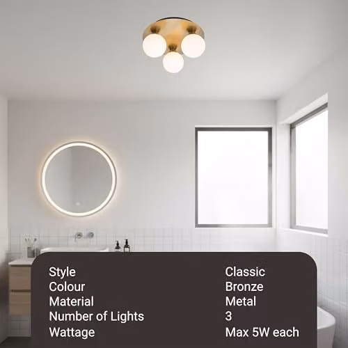 Cosylyte Bowen Classic Square Bathroom Ceiling Flush Light with Opal Glass, Brushed Brass, W/D/H: 25 x 25 x 13 cm – 2