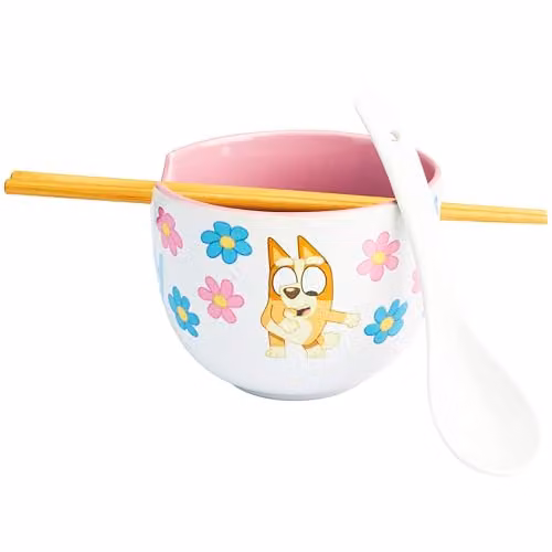 Get Trend Bluey Ramen Bowl Set, Multicolour Ceramic Japanese Rice Noodle Bowls with Ceramic Spoon and Bamboo Chopsticks, 600ml – 1