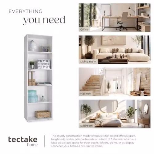 tectake Lexi 5-Tier Minimalist Bookshelf in White with Adjustable Shelves, H 190.0 x W 60.0 x D 30.0 cm – 4
