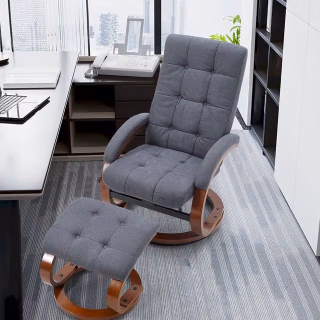 Livingandhome Grey Velvet Swivel Recliner Chair with Ottoman and Solid Wood Frame