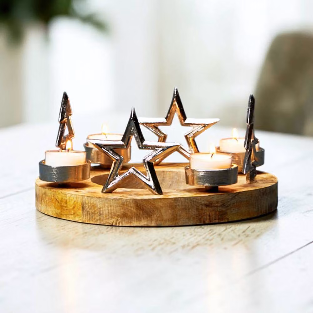 Four Candle Silver Star and Tree Tealight Holder with Rustic Wooden Base – 2