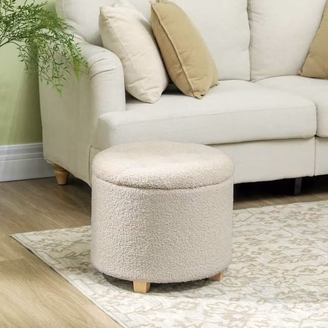 HOMCOM Round Storage Ottoman in Cream White Bouclé Fabric, Diameter: 45 cm