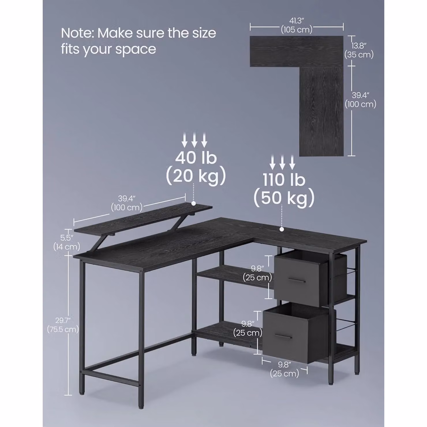 VASAGLE Large L-Shaped Gaming Desk with 2 Drawers and Monitor Stand in Black – 2