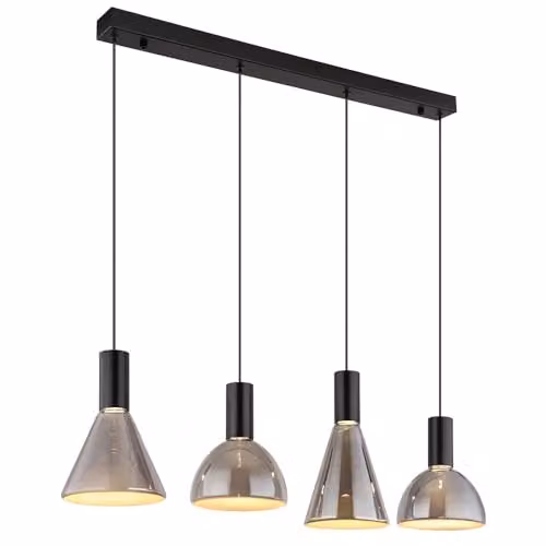 Globo Lighting Labora Bar Pendant Light in Black and Smoke Glass, 4x LED Warm White