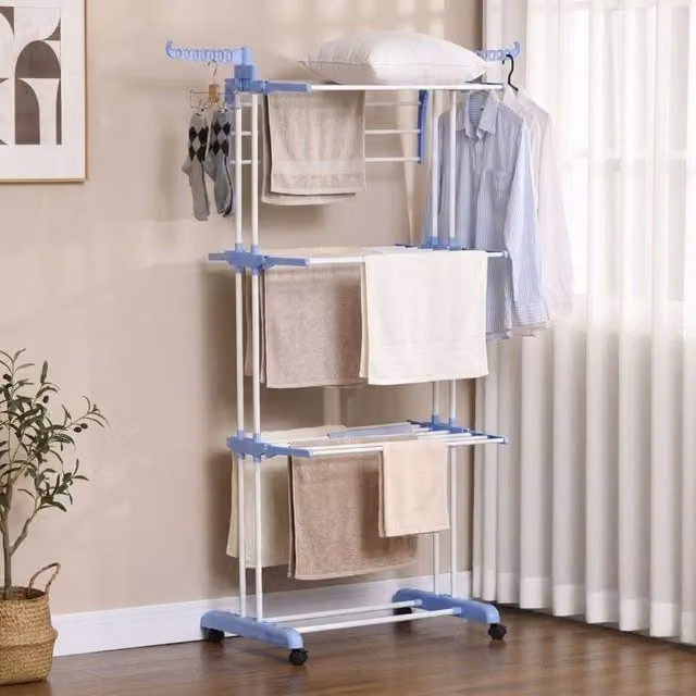 STILVORA 4-Tier Foldable Clothes Airer with Wheels and Hooks in Blue – 1