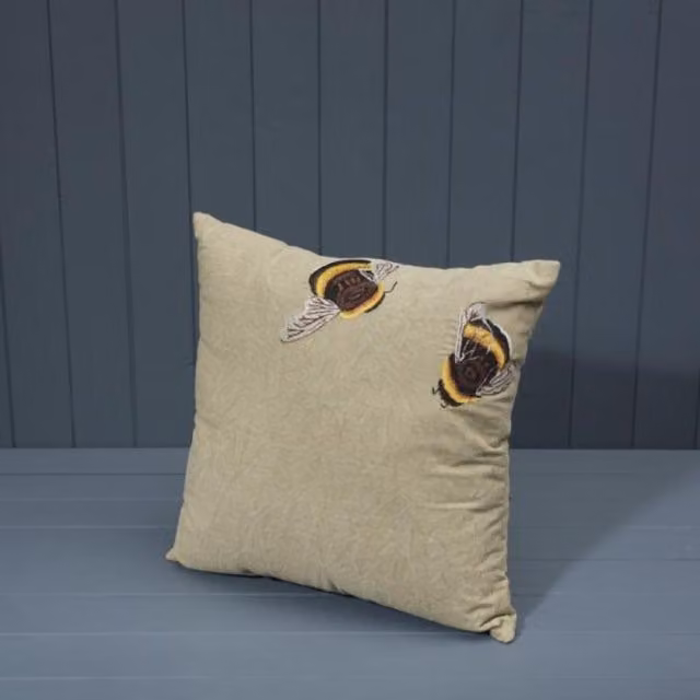 Beige Handmade Cotton Embroidered Square Cushion with Filling and Removable Washable Cover