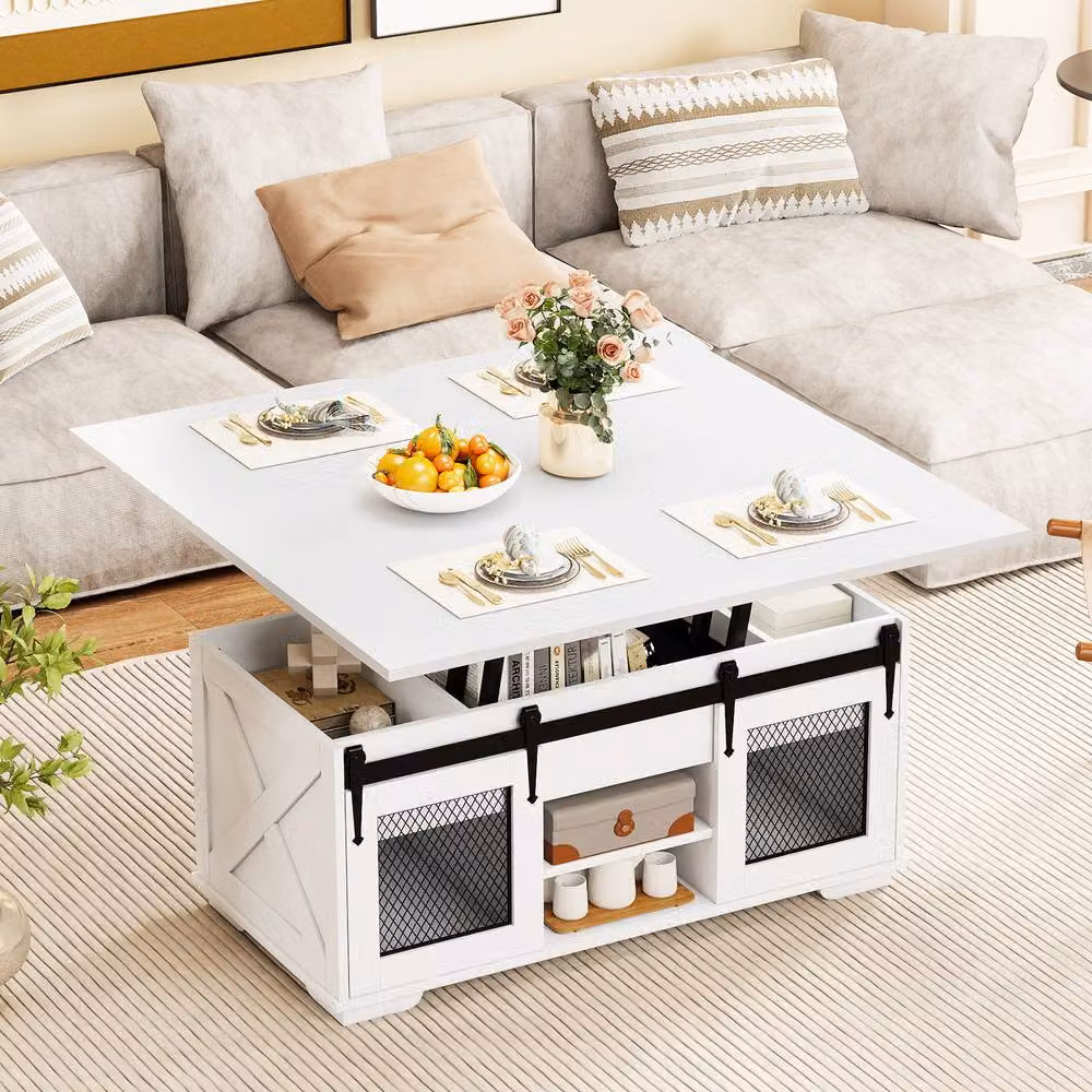 Costway 3-in-1 Farmhouse Lift Top Coffee Table with 2 Sliding Doors in White – 2