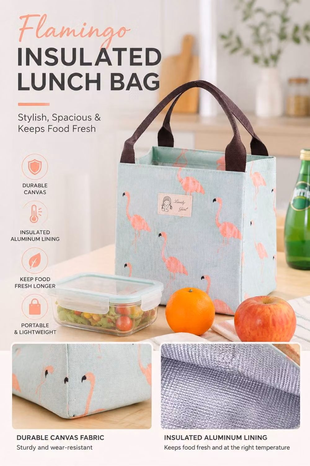 Lovii Insulated Flamingo Thermal Lunch Bag in Green – 2