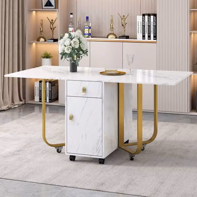 Matteo Modern Space-Saving Folding Dining Table with Cupboard and Drawers in White and Gold – 1
