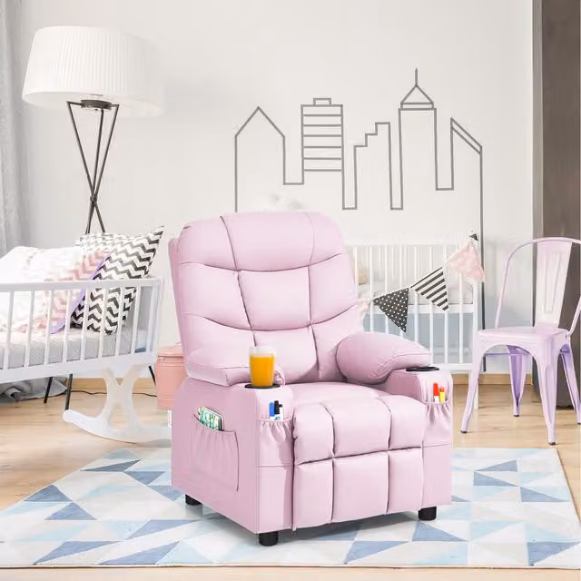 Costway Pink Kids Recliner Chair with Synthetic Leather and Solid Wood Frame