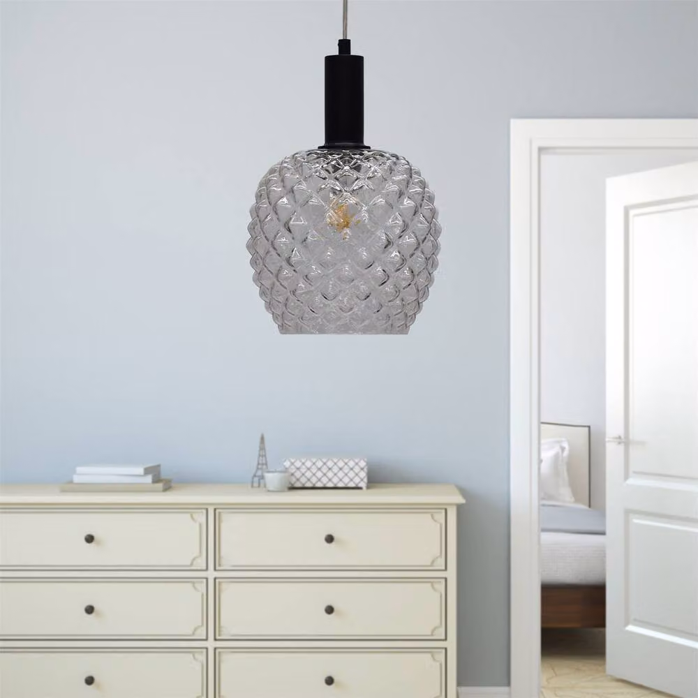 First Choice Lighting Baine Set of 2 Black Deco Pendant Lights with Transparent Textured Glass, Height Adjustable – 3