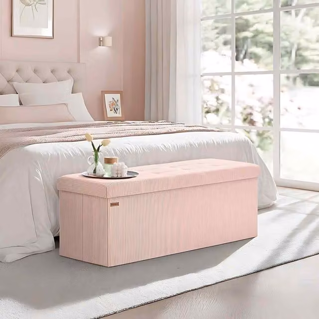 The Bazaarist Folding Storage Ottoman, Upholstered Foot Rest Bench with Hidden Storage in Jelly Pink, W/D/H: 110 x 38.1 x 38 cm
