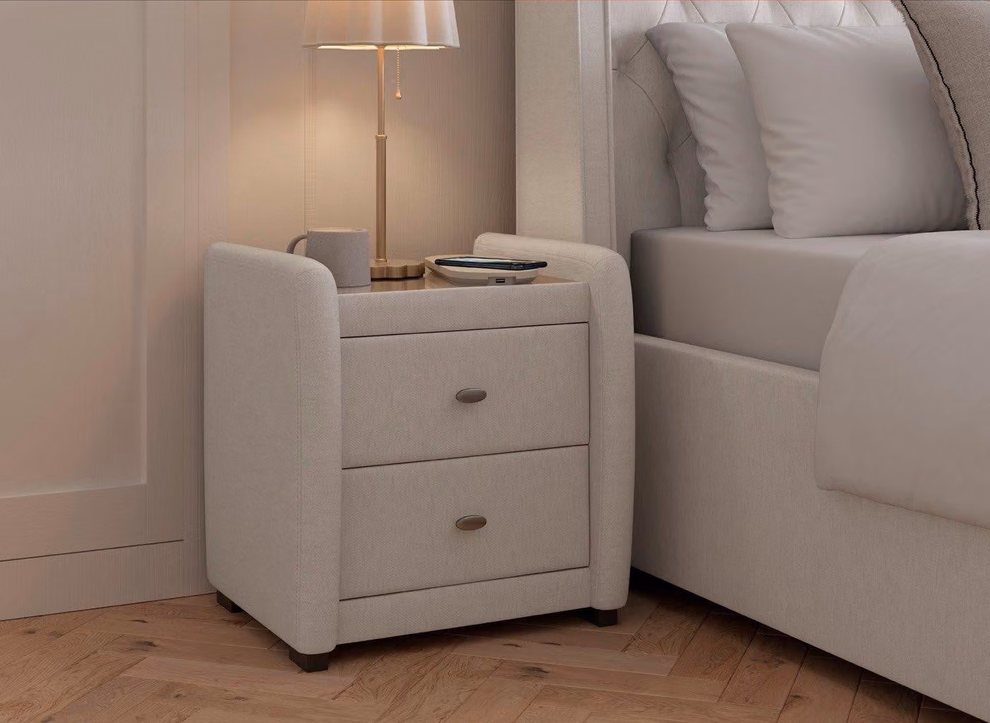 Dreams Deacon Classic Bedside Table in Beige with Glass Detail