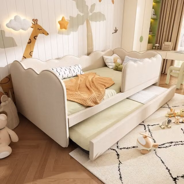 Tokpiedi Cloud-Shaped Childrens Daybed in Beige and White Fabric
