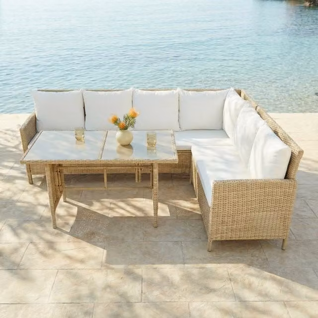 Home Garden Direct Alia 6 Seater Rattan Garden Corner Dining Set in Natural Brown
