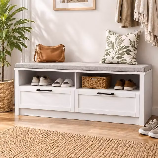 STILVORA Modern White Shoe Bench with Padded Fabric Seat and 2 Drawers