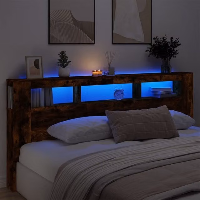 Berkfield Home Smoked Oak LED Headboard in Brown with Integrated Shelf and USB Charging Port, W: 220 cm, D: 18.5 cm, H: 103.5 cm