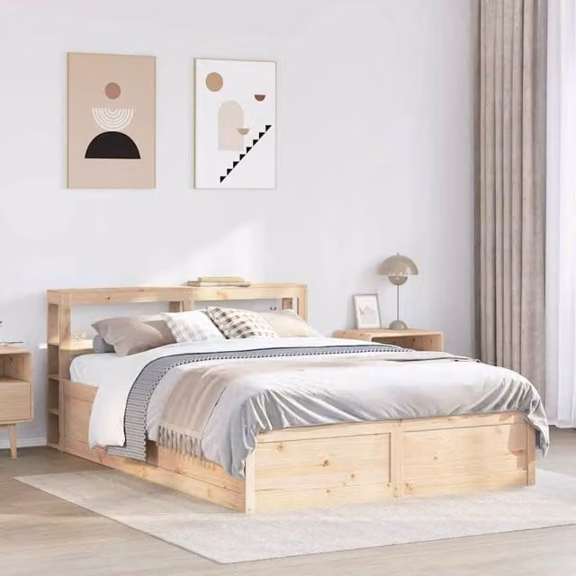 Berkfield Home Sleek Bed Frame with Headboard in Solid Pine Wood, Beige, W/D/H: 140 x 190 x 215.5 cm