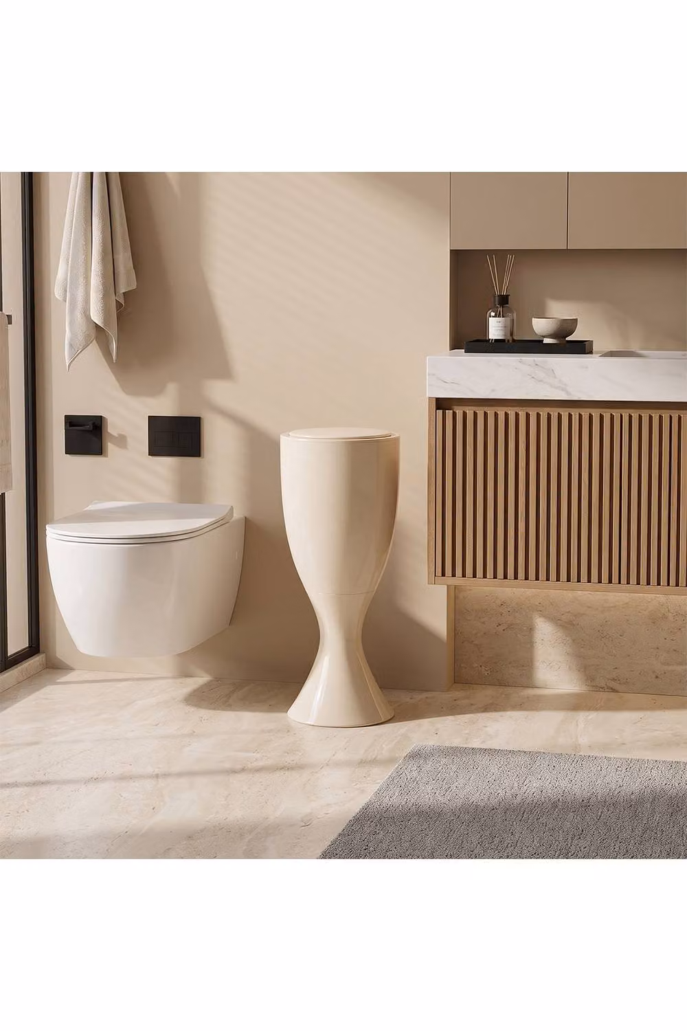 Living and Home 13L Goblet-Shaped Plastic Rubbish Bin with Push-Open Lid and Wheels in Beige – 4