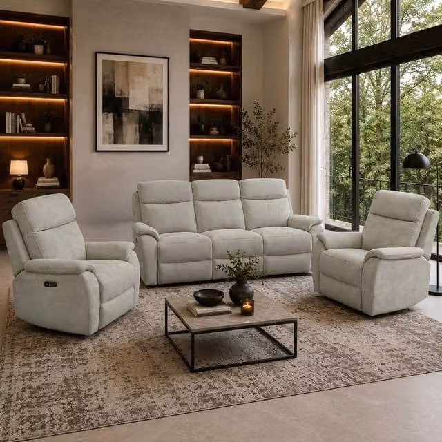 Aspire Richmond Power Recliner Sofa Set in Grey Chenille, featuring a 3-Seater Sofa and Two Armchairs with USB Charging