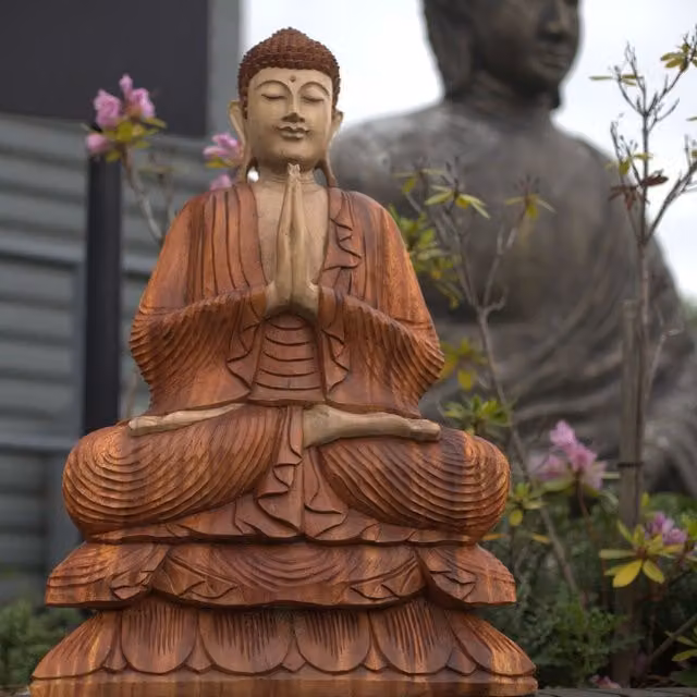 KDMK Hand Carved Suar Wood Buddha Statue, Orange Tabletop Oriental Ornament