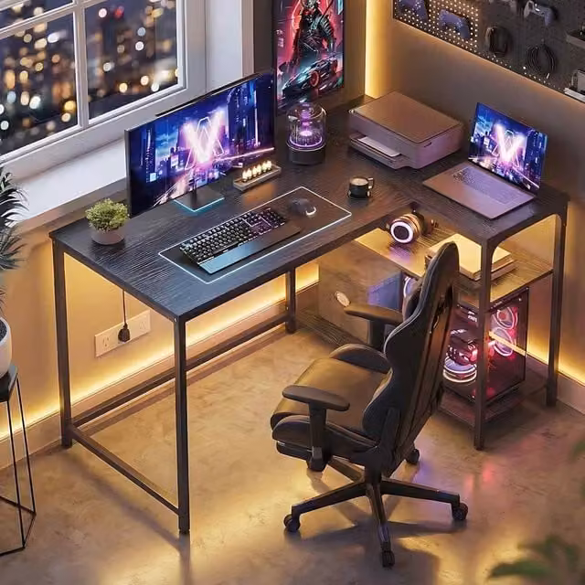 The Bazaarist L Shaped Corner Computer Desk with Reversible Shelves in Jet Black
