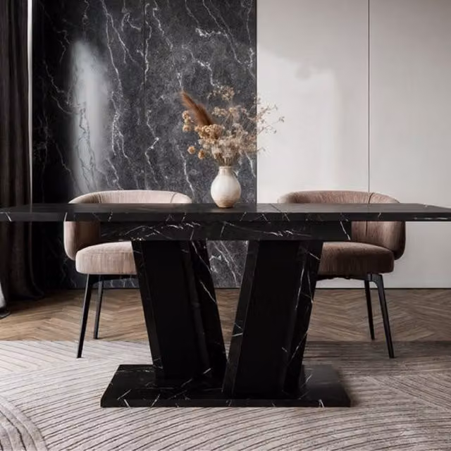 PHD Furniture MUSS Extendable Rectangular Dining Table with Black Marble Effect Top and Black Pedestal, Black