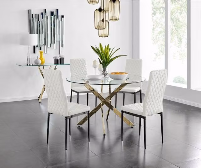 FurnitureboxUK Novara Gold Round Glass Dining Table and Four Milan Black Faux Leather Chairs in White