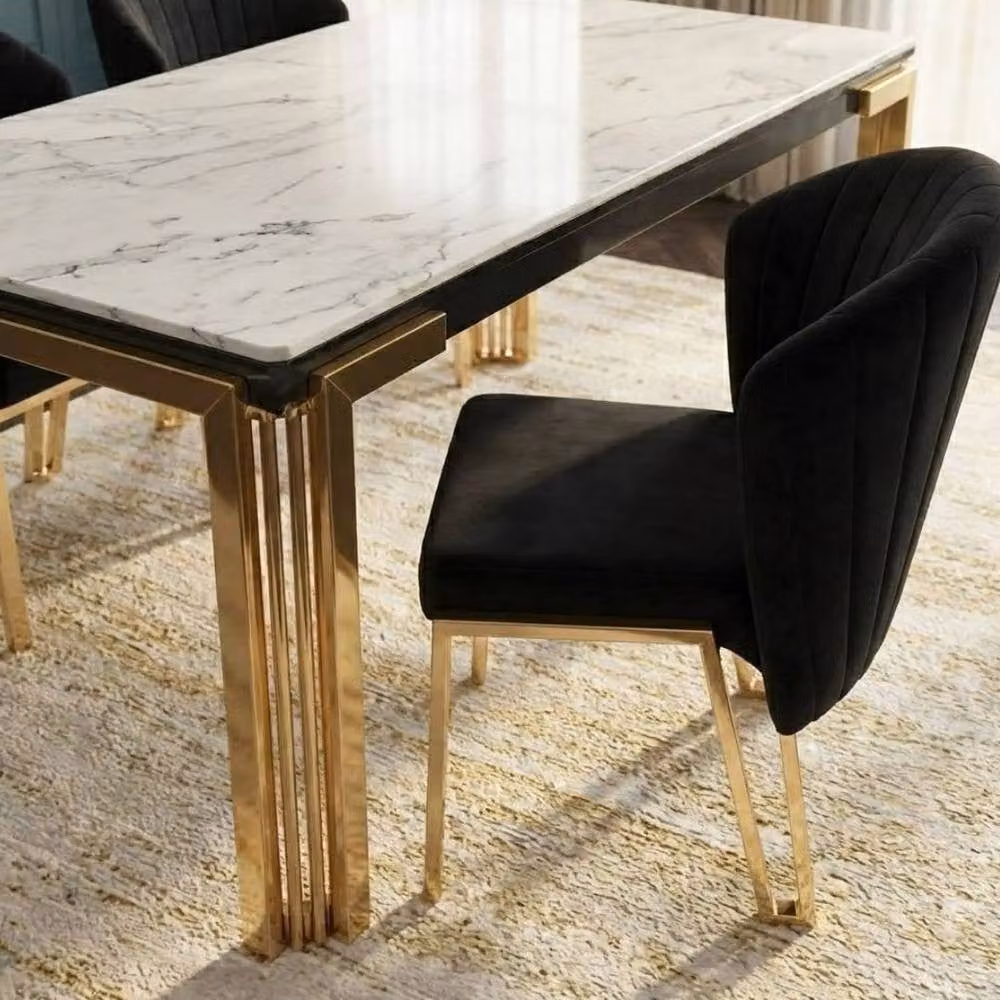 HOME LUXE INTERIOR Sorrento 180cm White Marble and Gold Dining Table with 6 Fabio Black Chairs – 7