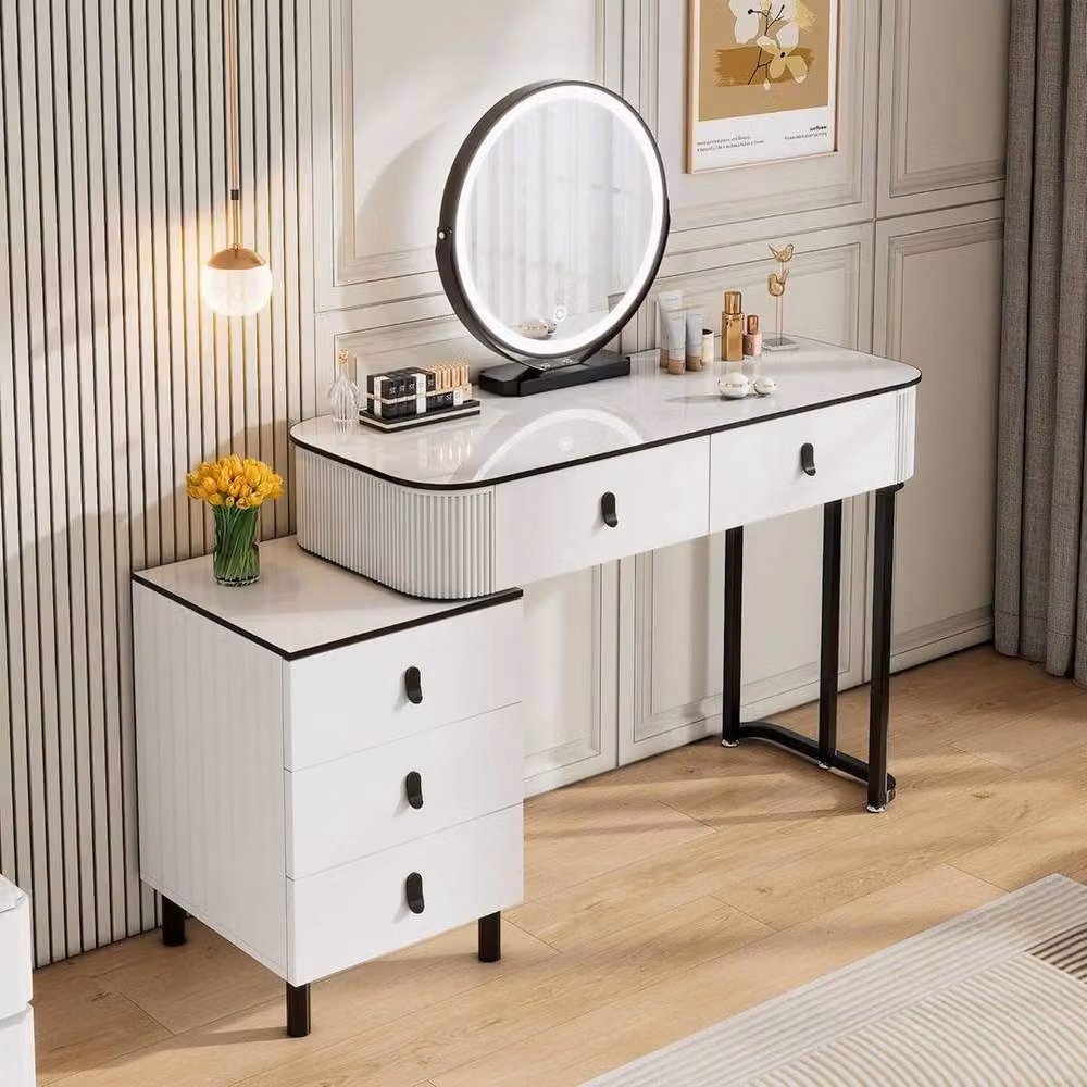 SPETLEK White Glossy Dressing Table with 5 Drawers and Hollywood LED Mirror – 2