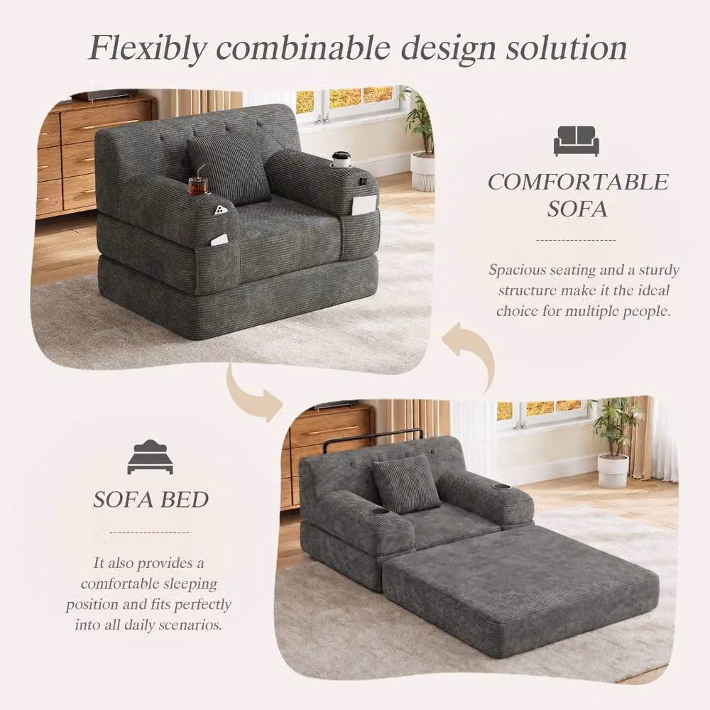 Rolipo Grey Corduroy 1-Seater Sleeper Sofa Chair with Cup Holders – 3