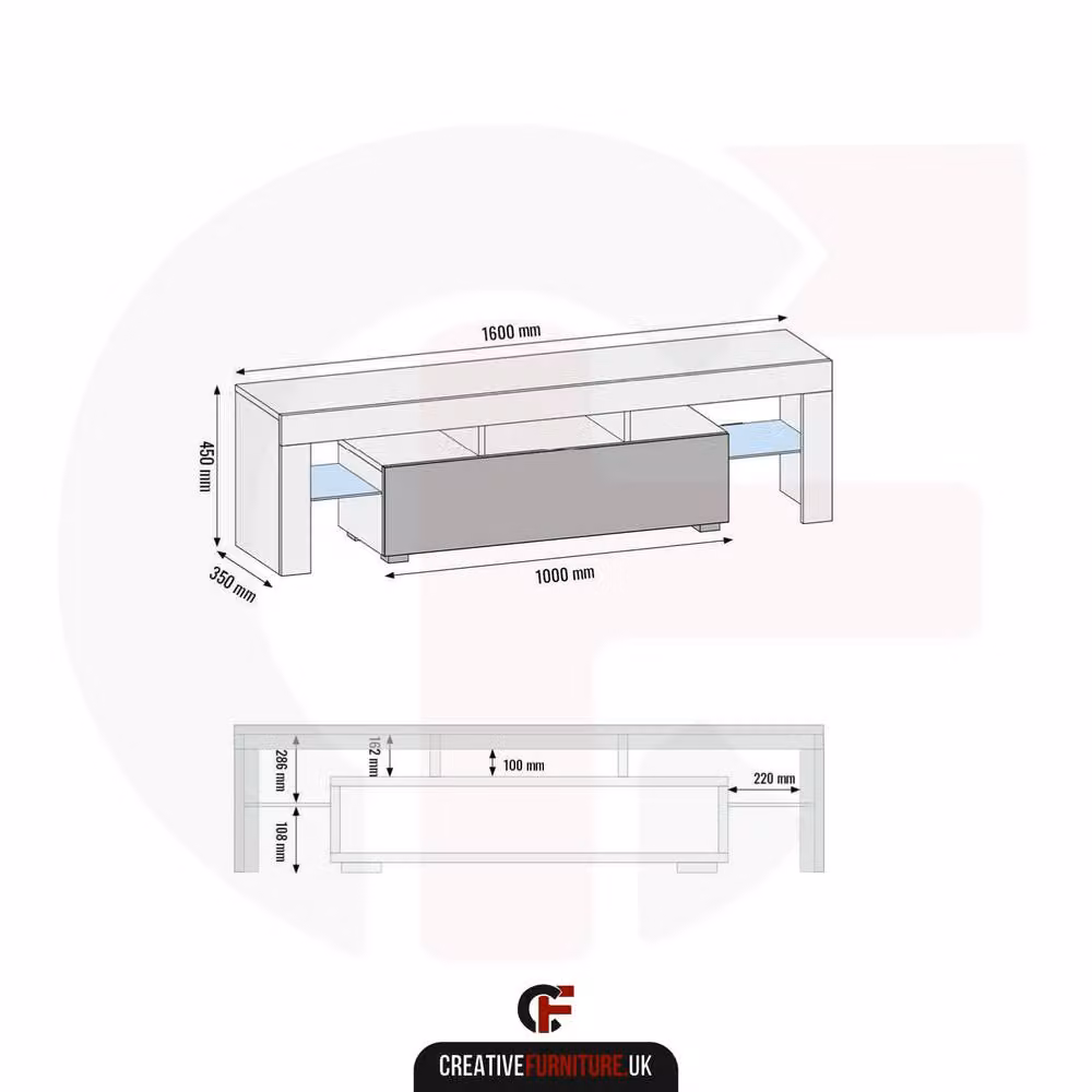 Creative Furniture Aria Modern Glossy TV Unit in Grey, W: 160 cm, H: 45 cm, D: 35 cm – 4