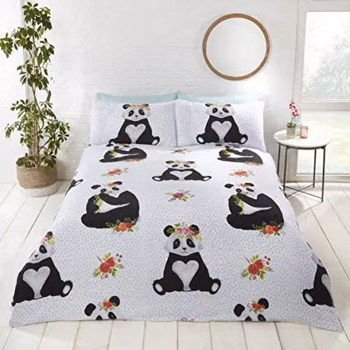 Rapport Home Panda Polycotton Duvet Cover and Pillowcase Set in White and Blue, King Size, W/H: 220 x 230 cm, Pillowcase: 50 x 75 cm