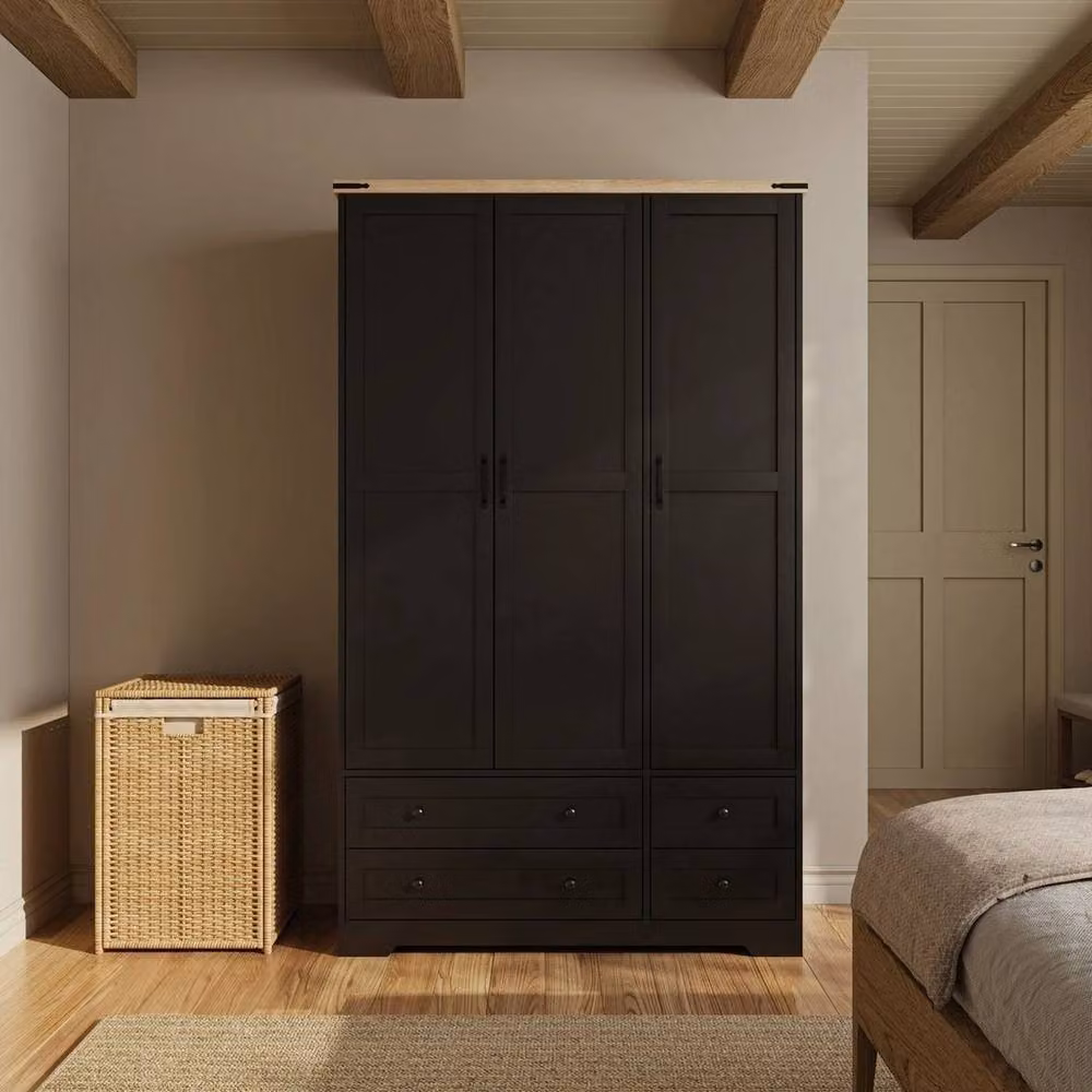 FORGEVIO Black 3 Door Wardrobe with 4 Integrated Drawers, H 180 x W 108 x D 46 cm – 2