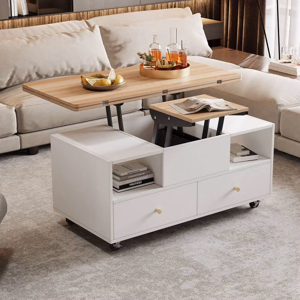 ModernLuxe Lift Top Coffee Table with 4 Drawers, 2 Lifting Platforms and Castors, White – 3