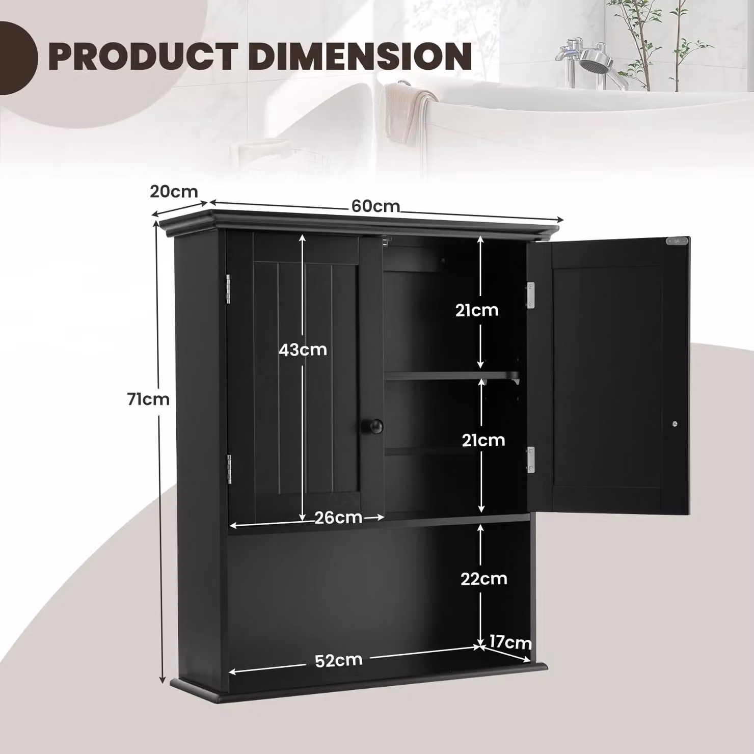 Gymax Modern Black Wall Mounted Bathroom Medicine Cabinet with Double Hinged Doors and Adjustable Internal Shelves – 2