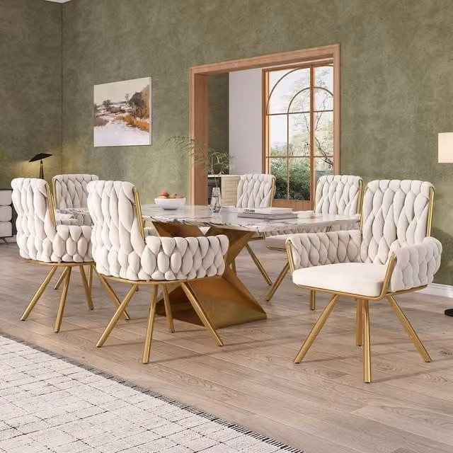 Matteo Set of 6 Beige Plush Velvet Swivel Dining Armchairs with Metal Legs – 1