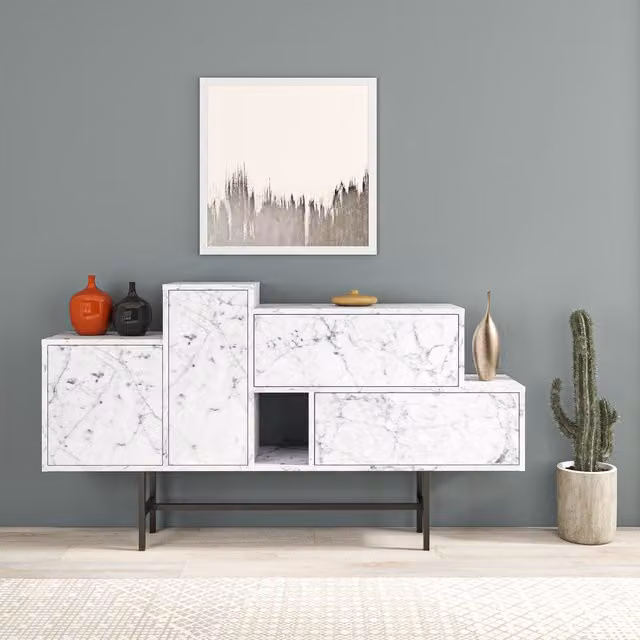 Decortie Hermes Modern Sideboard with 4 Doors and 2 Drawers in White and Black, W: 160 cm, H: 90 cm, D: 36 cm