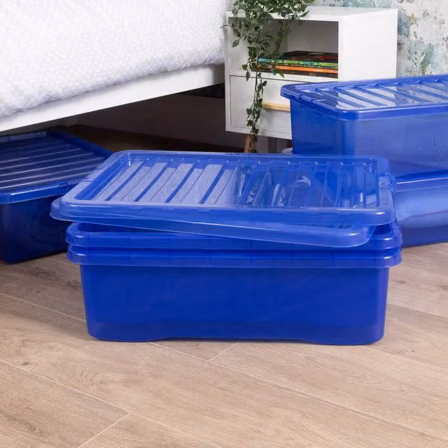 Wham Crystal 32L Plastic Storage Boxes with Lids, Set of 5, Spectrum Blue