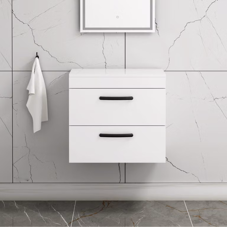 Royal Bathrooms Gloss White Wall Hung 2 Drawer Vanity Unit with Matt Black Handles