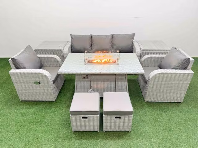Fimous PE Rattan Garden Furniture Set in Light Grey with Reclining Chairs, Sofa, Firepit, Dining Table, 2 Side Tables and 2 Stools